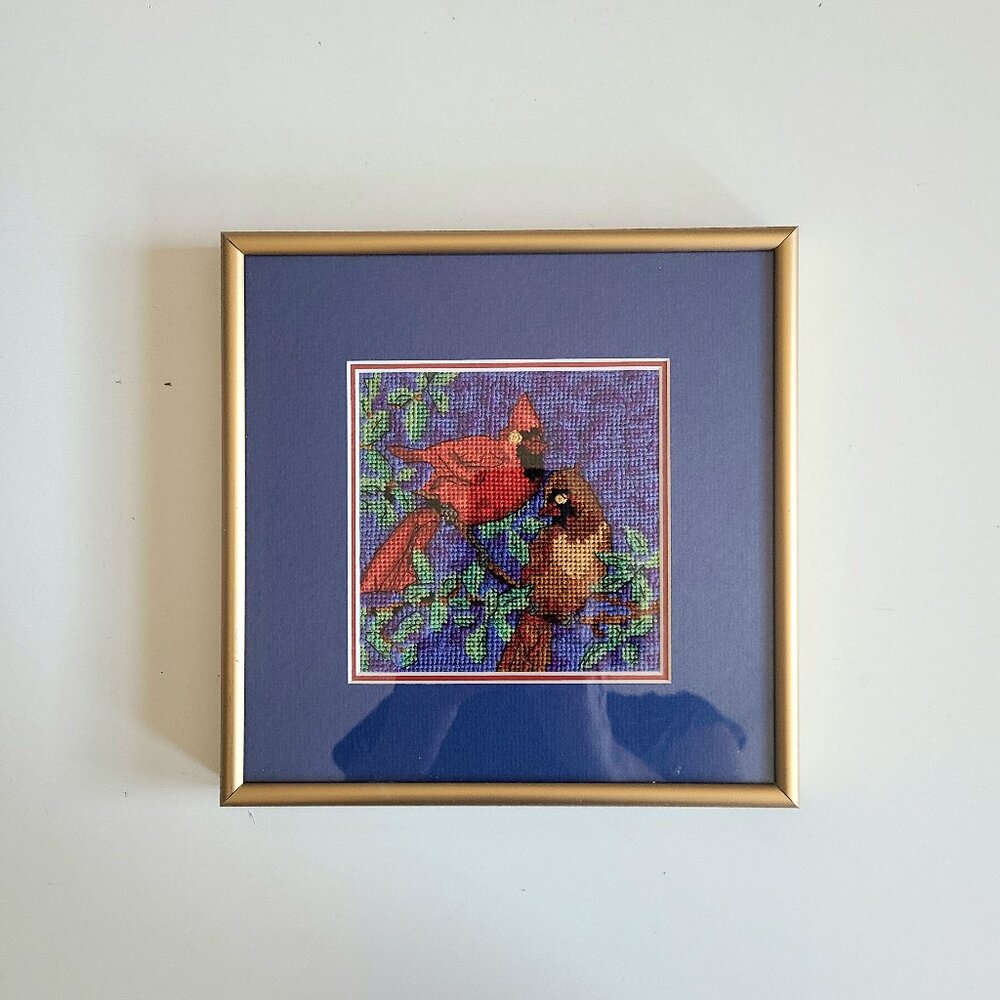 Framed hand made embroidery. Parrots. Bird theme.